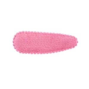 Close-up of pink plush snap hair clip for girls with soft fuzzy texture and beaded edge