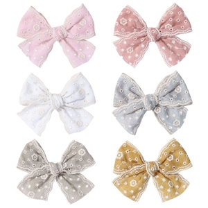 Kids Girls Bow Hair Clip Floral Embroidery Lace Chiffon Bow Barrettes Pastoral Sweet Hair Pins For Daily Party Gift