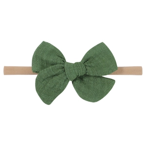 Handmade large waffle fabric bow nylon headband for baby in dark green and beige