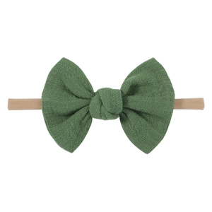 Forest green cotton linen bow headband with soft nude nylon elastic band for infants