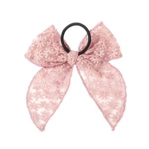 Pink lace bow hair scrunchie with floral embroidery and high elastic rubber band