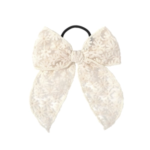 Elegant cream lace hair tie with daisy embroidery and long ribbon bow for women