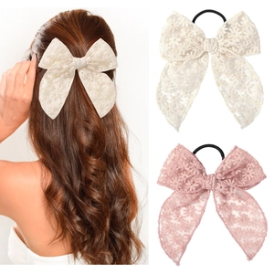 Chouchou en Dentelle avec Nœud Broderie Marguerite Long Ruban en Gaze pour Femmes Filles Accessoires Cheveux Doux