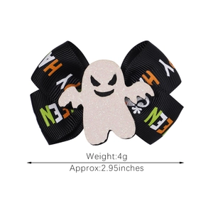 Cute Halloween black ribbon bow hair clip with white ghost and Happy Halloween text