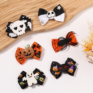 6-pack Halloween bow hair clips featuring pumpkin, ghost, and black cat designs