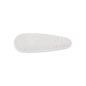 Detail of white lace-covered drop-shaped hair clip for girls with floral embroidery