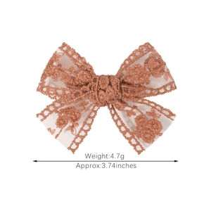 Brown lace bow hair clip with floral embroidery for children, width 3.74 inches