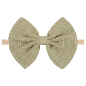 Olive green linen bow headband for infants on a stretchable nude nylon band
