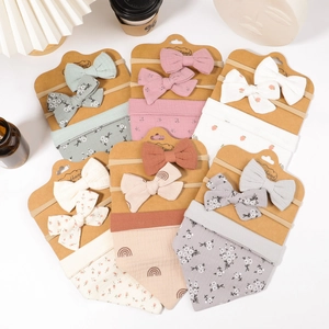 Baby Headband And Bib Set Soft Cotton Bow Elastic Hair Band Triangle Saliva Towel Floral Print Infant Headwear For Toddler