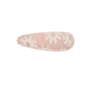 Pink mesh fabric BB hair clip for children with white daisy embroidery accents