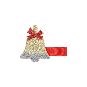 Dettaglio del fermaglio per capelli natalizio con campanella, fiocco rosso e glitter