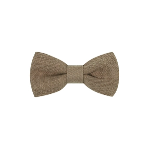 Detail of a natural khaki linen bowtie showing rustic woven texture and fiber details
