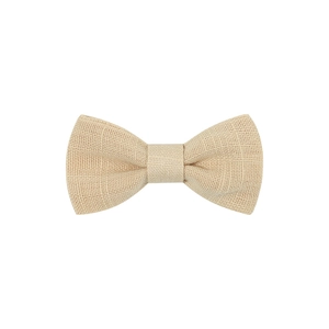 Close-up of beige linen bow tie showing natural fabric texture and weave detail