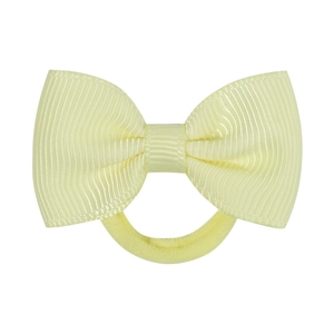 Pastel yellow grosgrain ribbon bow hair tie for girls with elastic band on white background