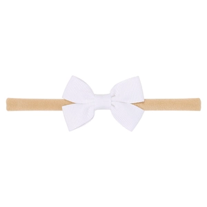 Detailed view of handmade white ribbed bow on a high-stretch nylon baby headband