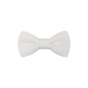 Detailed close-up of white fabric bow hair clip featuring fine mesh weave texture