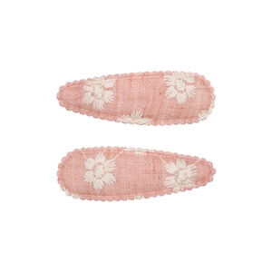 Lot de deux barrettes à cheveux roses brodées de fleurs en coton et en lin