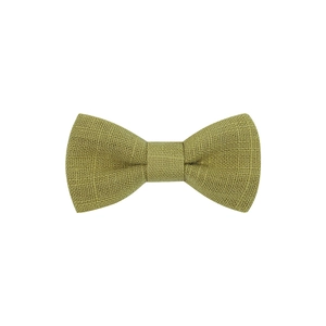 Detailed close-up of olive green linen fabric texture on a classic kids bowtie hair clip