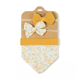 Baby gift set with two elastic bow headbands and one floral bib in bright yellow knit cotton