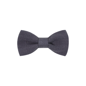 Detail showing the textured charcoal grey linen fabric of the classic double-layer bow tie