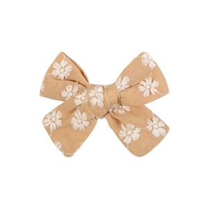 Barrette à cheveux jaune avec nœud brodé de marguerites en coton et lin pour enfants