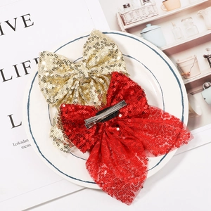 Barrettes à cheveux à nœuds pailletés pour filles en doré et rouge avec pinces crocodile