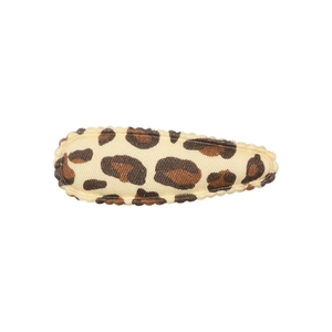 Close-up of leopard print fabric hair clip with elegant wavy stitched edge detail