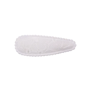 Detailed close-up of white floral lace BB hair clip with elegant scalloped embroidery edges