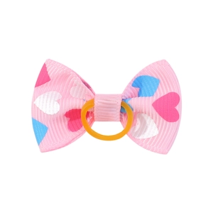 Pink heart print ribbon bow hair band with high-elastic orange rubber ring for kids