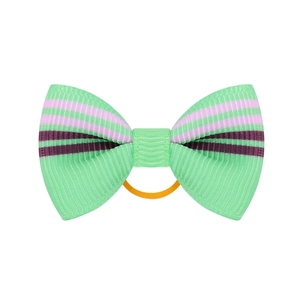 Detail of mint green striped grosgrain ribbon bow with a durable orange elastic band