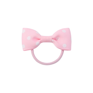 Dettaglio dell'elastico per capelli con fiocco rosa a pois e trama a coste elasticizzata