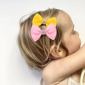 Barrettes à nœud classique avec strass pour filles en ruban gros-grain rose et jaune
