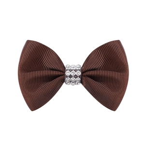 Détail du nœud papillon marron café orné de trois rangées de strass blancs étincelants