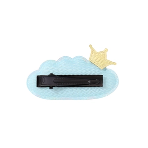 Kids blue cloud hair clip with yellow crown detail and textured fabric on metal clip