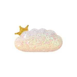 Detail of glittery cloud hair clip with golden crown and colorful iridescent sequins