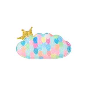 Close-up of colorful glitter cloud hair clip with golden crown detail for kids