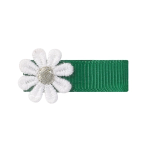 Dettaglio molletta per capelli bimbi con margherita ricamata bianca e nastro verde