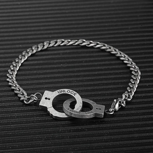 Retro titanium steel handcuff bracelet with UNLOCK and PUT DOWN letter engravings