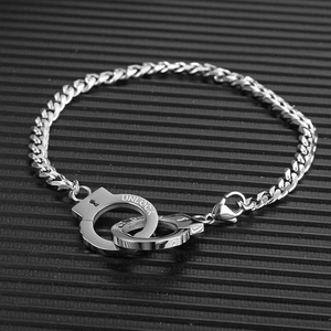 Vintage stainless steel handcuff chain bracelet with PUT DOWN and UNLOCK engraving