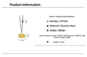 Especificaciones detalladas de tamaño para collar de sonrisa con colgante de cápsula de titanio
