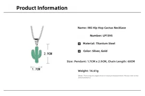 Detailed specs of the titanium steel cactus pendant with green enamel and 60cm chain