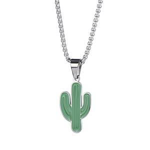 Hip Hop Cactus Pendant Necklace Stainless Steel Titanium Steel Drip Glue Green Plant Unisex Fashion Jewelry Long Chain Necklace