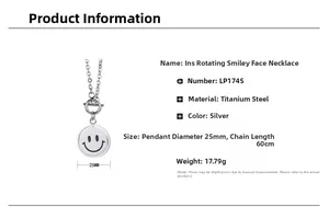 Detailed specs of stainless steel rotating smiley face pendant with 60cm silver chain