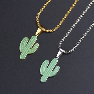 Minimalist stainless steel cactus pendant necklaces in gold and silver with green enamel