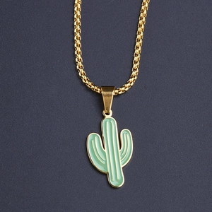 Hip hop style gold box chain necklace with a light green enamel cactus pendant