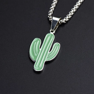 Minimalist green cactus pendant necklace made of stainless steel with a silver box chain