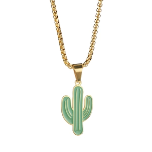 Minimalist gold box chain necklace with green enamel cactus pendant for women and men
