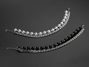 Detail showing double-layer hip-hop pearl chain bracelets with adjustable lobster clasp