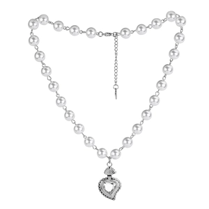 Celebrity Style Heart Pendant Necklace Titanium Steel Faux Artificial Pearl Chain Cubic Zirconia Hip Hop Street Jewelry For Unisex