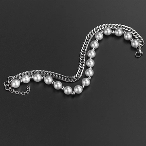 Double-layered hip hop hip bracelet with silver Cuban link chain and white pearls for women